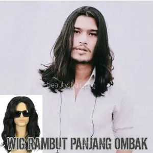 WIG PRIA RAMBUT PANJANG OMBAK BELAH TENGAH WARNA HITAM