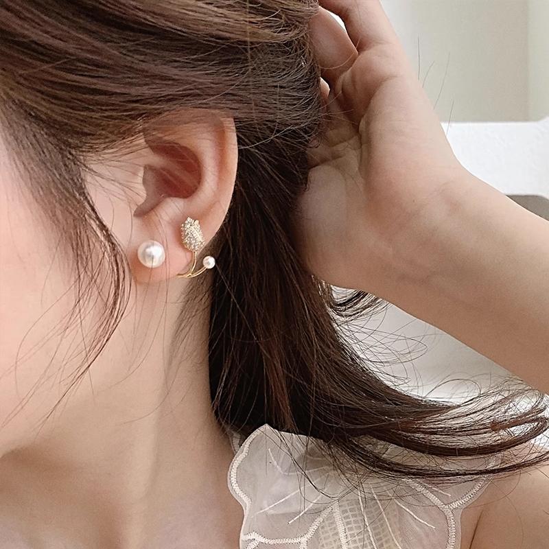 COD ❤️ Anting-anting Mutiara Bunga Tulip Perasaan Tingkat Lanjut Anting-Anting Indah Temperamen Elegan-Bellamy's 3