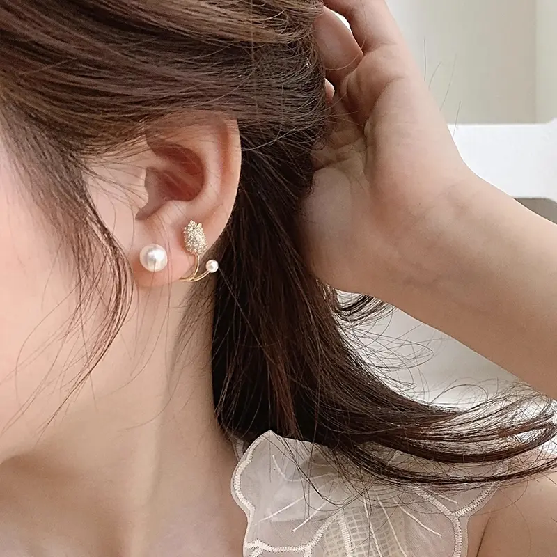 COD ❤️ Anting-anting Mutiara Bunga Tulip Perasaan Tingkat Lanjut Anting-Anting Indah Temperamen Elegan-Bellamy's 3
