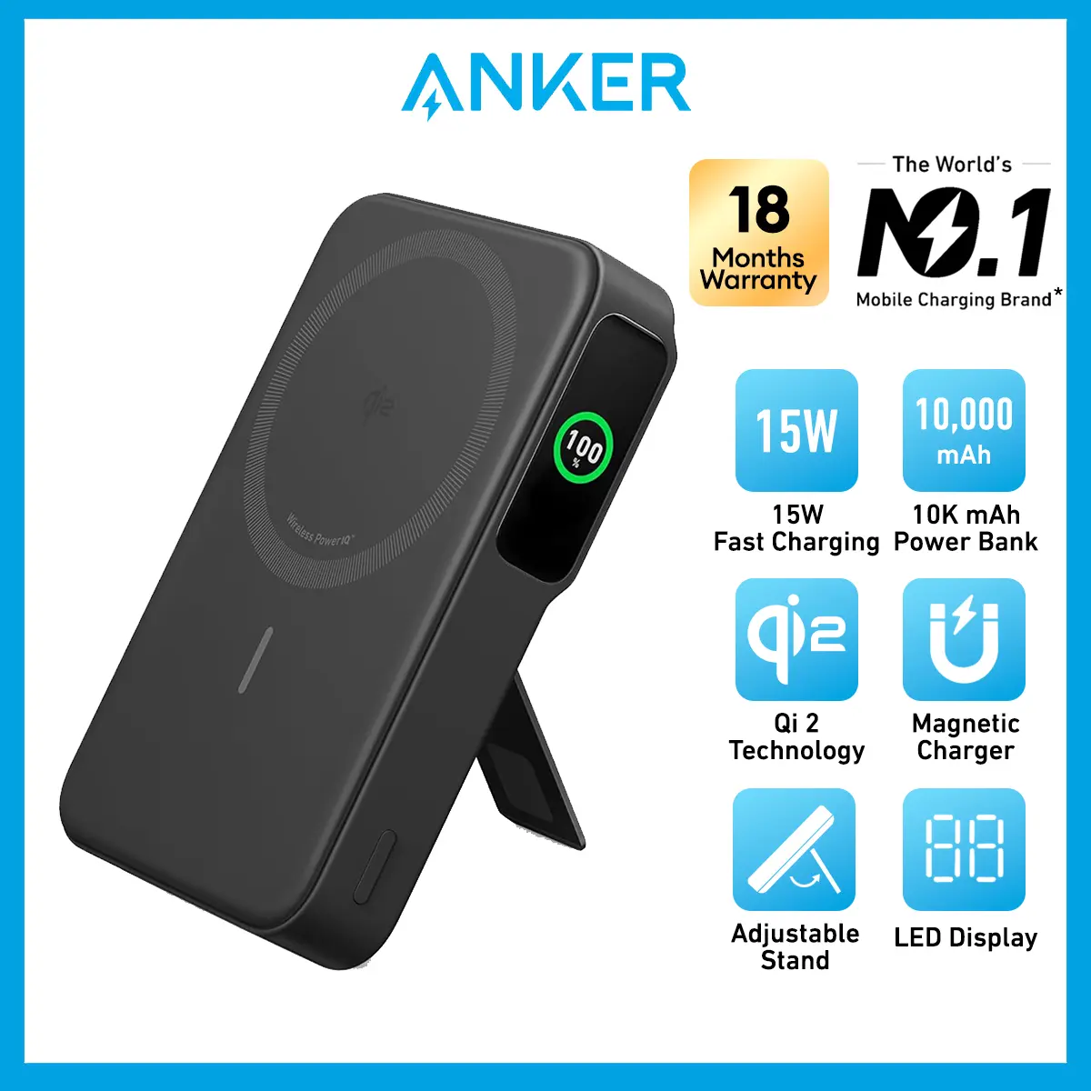 Anker MagGo Power Bank Qi2 Certified 15W Ultra-Fast MagSafe Powerbank Portable Charger 10,000mAh Battery Pack Smart Display Foldable Stand (A1654)