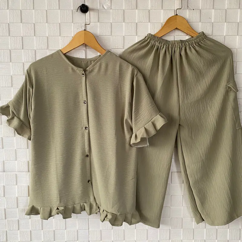 Setelan Celana 7/8 Wanita / Set Atasan Lengan Pendek Rempel / Merly Set Kancing / Korean Style 1