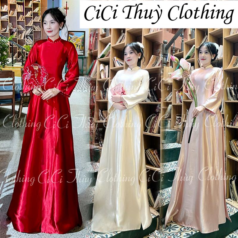   Sẵn Hàng  BST Tết Áo Dài Ánh Nguyệt Chất Liệu Lụa Tráng Gương Bóng Dáng Eo Cổ V 2cm - CiCi Thuỳ Clothing đỏ trắng hồng trang phục truyền thống áo+ quần kem 