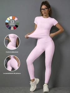 Conjunto de yoga para mujer de corte ajustado y de cintura alta, con pantalones y manga corta, ropa deportiva suave y transpirable para gimnasio, correr y actividades al aire libre