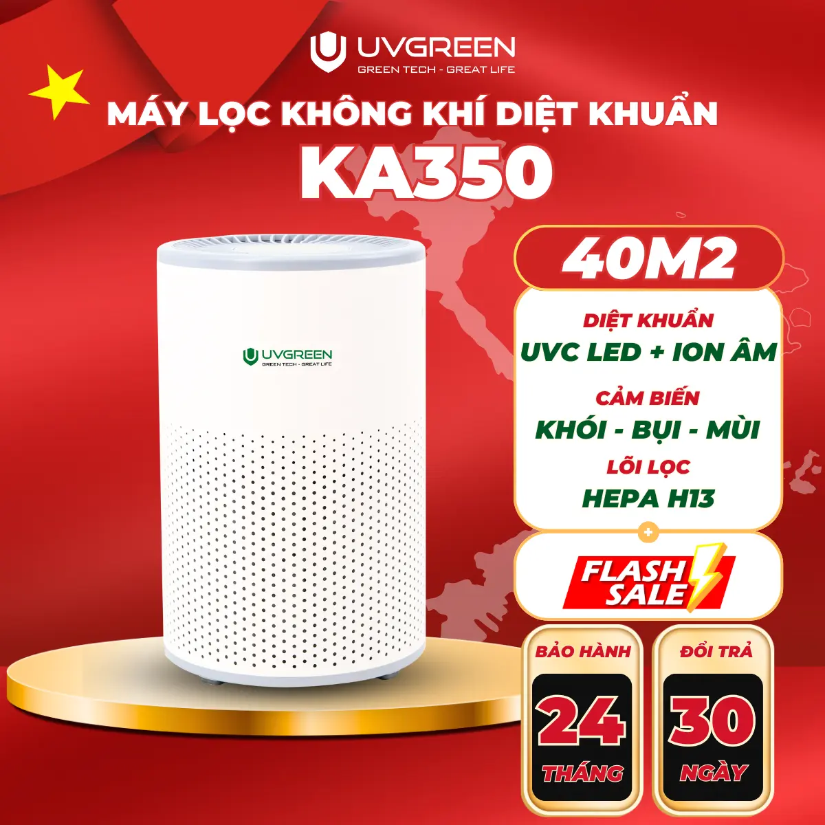 [UVG] Máy Lọc Không Khí Diệt Khuẩn UVGREEN KA350 UVC 40m2 - Công Nghệ UVC LED Và ION ÂM Hiện Đại, Làm Sạch không khí, Lõi HEPA H13 Sạch Bụi Mịn, Mùi Hôi, Khói, Lông Tóc, Bảo Hành Chính Hãng 24 Tháng, Air Purifiers