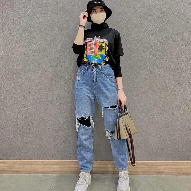 Boyfie Geisha Celana Jeans Wanita Sobek Tidak Tembus Bahan Non Melar Bf Geisha High Waist Panjang Nyaman Boyfriend Cewek Dewasa 1