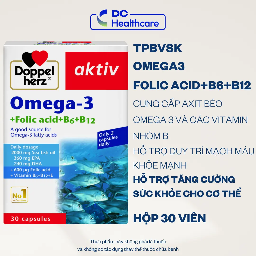OMEGA 3 ĐỨC NHẬP KHẨU TPBVSK Doppelherz Omega-3 Dầu Cá Hộp 30 viên Hỗ trợ bổ sung DHA, EPA, Acid Folic, B6, B12 dành cho người lớn Hàng nhập khẩu chính hãng