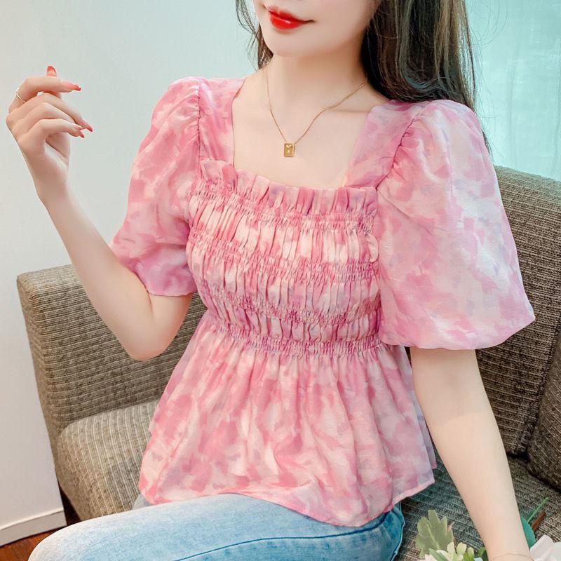 Áo Sơ Mi Hoa Cao Cấp, Tay Áo Phồng, Màu Sắc, Xếp Ly, Giảm Béo, Đa Năng, Ngọt Ngào, Voan, Mùa Hè Nữ Women Top Màu Hồng Voi Shirt 0
