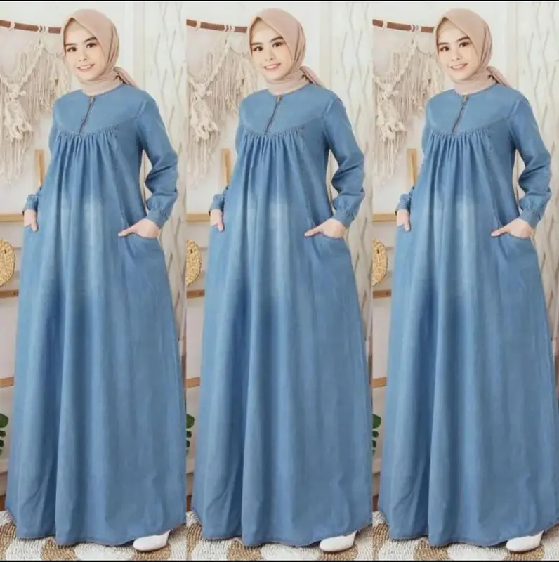 GAMIS JEANS MUSLIM WANITA KEKINIAN CANTIK DAN ELEGAN Mewah Syari | GAMIS Lebaran Dewasa |  Dress  Remaja Kondangan Pesta Simple Panjang 1