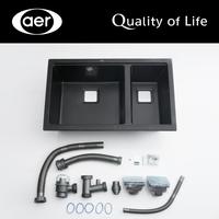 Gambar AER Kitchen Sink Bak Cuci Piring Dapur Granite 2 Bowl Topmount Undermount Flushmount Granit Granite Tech Top Under Flush Mount Kitchen Sink Black Granit  - Bak Cuci Piring KS2 - 08 (Black/White) Minimalis Putih - Hitam dari AER Sanitary Indonesia Kota Surabaya 4 Tokopedia