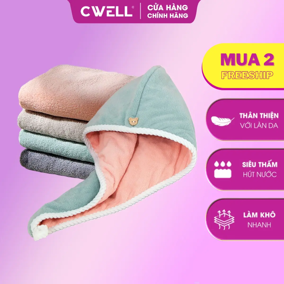 Khăn quấn tóc, ủ tóc nhanh khô CWELL 2 lớp, vải lông cừu san hô mềm mịn dày dặn, lau đầu siêu thấm hút, thoáng khí 25x60cm (MUA 2 ĐƯỢC FREESHIP) -C03PK Khăn Tắm