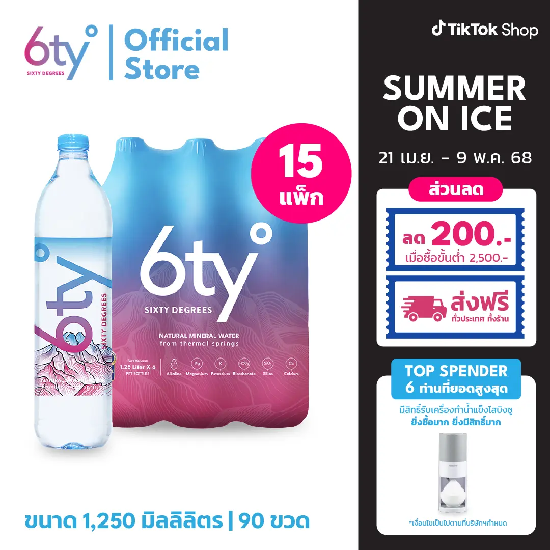 [ส่งฟรีทั่วไทย] 1250ml 15 แพ็ก 90 ขวด นํ้าแร่ 6ty Degrees Mineral Water จากแหล่งน้ำพุร้อนบริสุทธิ์