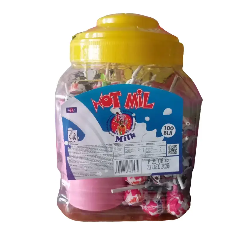 Permen Hotmil pentol isi 100pc bonus gelas,cocok di jual lagi, Rendah gula Candy 0