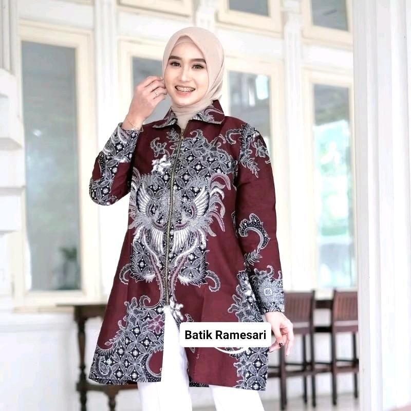 Tunik Batik Wanita Merah Burgundy Premium Terbaru - Bahan Katun Prima Premium HQ - Dewasa, Panjang, Casual, Cewek, Linen, Motif, Baju, Hitam 0