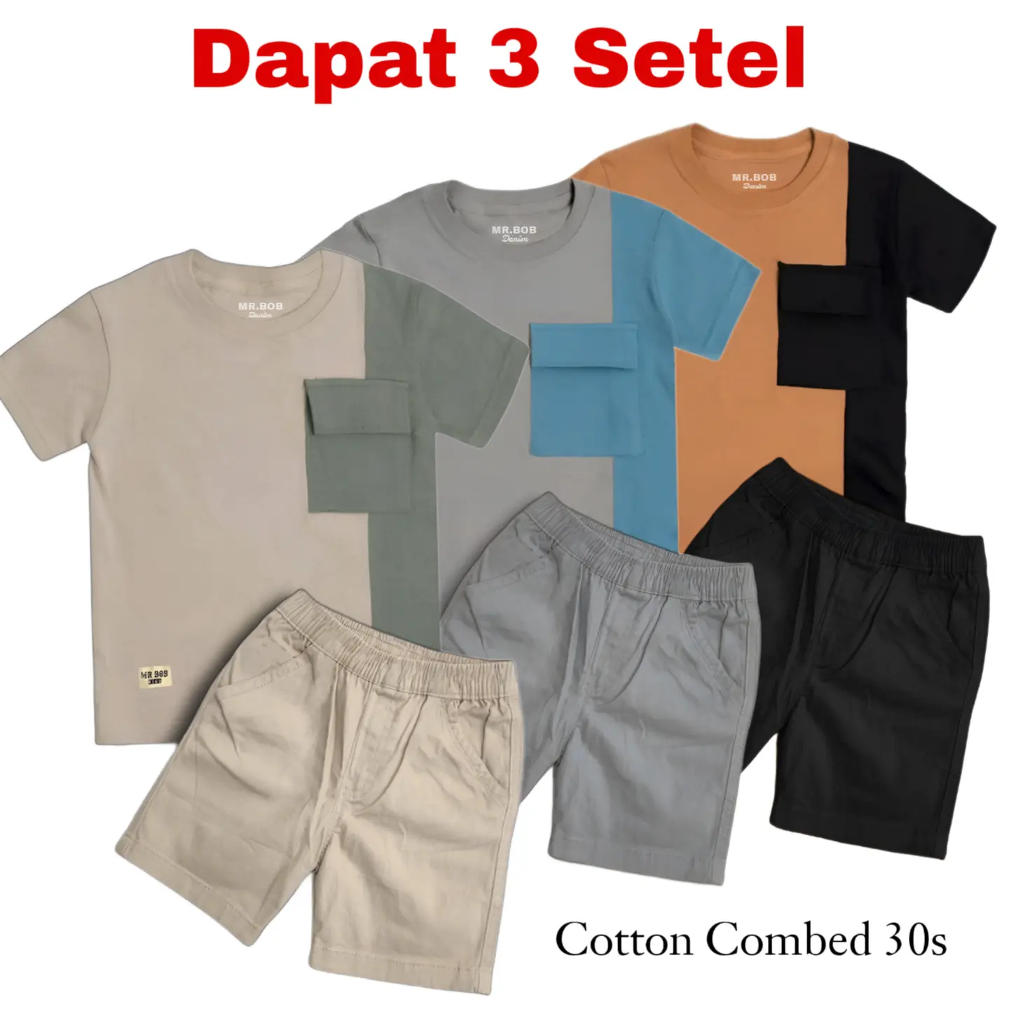 Paket 3 Setel Setelan Anak Laki- Laki T-Shirt Kaos Katun Combed 30S dan Celana Cinos Pendek