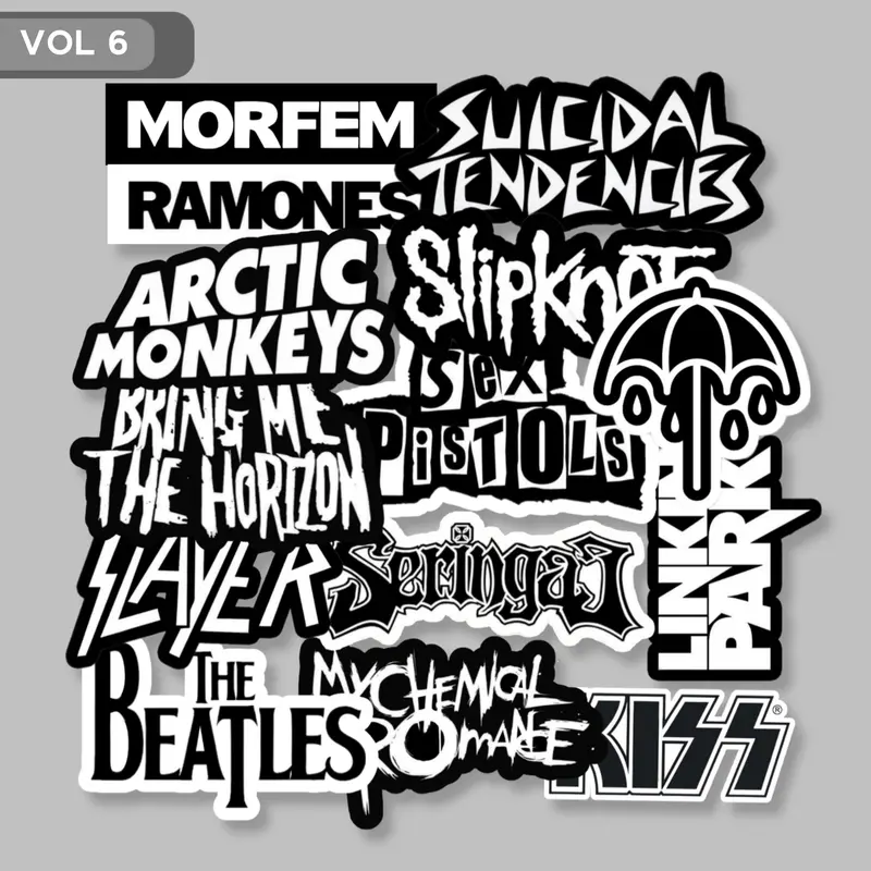 STIKER BAND MUSIC ROCK METAL ISI 15pcs BLACK N WHITE, STICKER ANTI AIR, STIKER AESTHETIC, HELM, LAPTOP, TUMBLER, CASE HP VOL 6 0