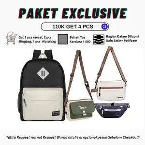 [Beli Lokal] TAPAXCO Paket Hemat III Tas Selempang Pria 110k get 4 pcs Ransel Sekolah, Waistbag, Slingbag and Hanging Wallet Casual Local Original Waistbag Hitam