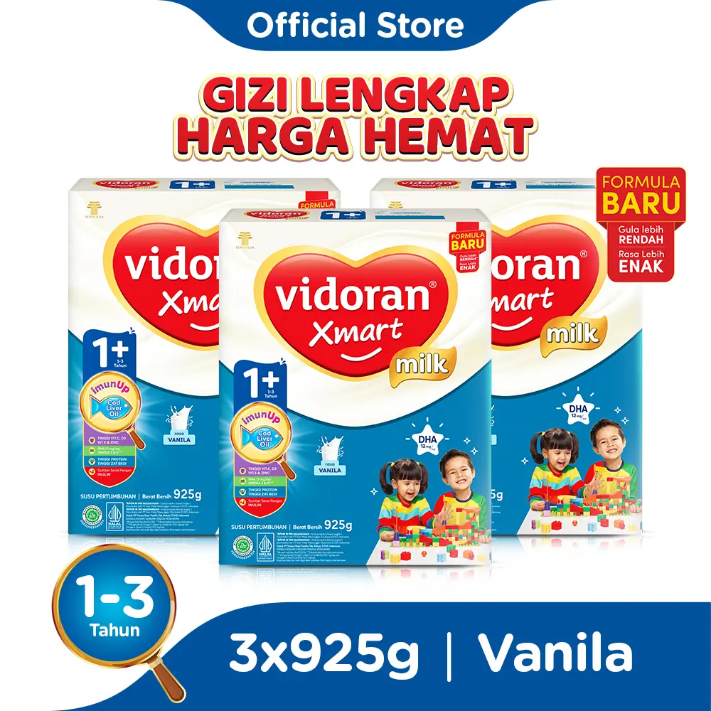 vidoran Xmart 1+ Vanilla 925gr Susu Pertumbuhan Anak 1-3 Tahun - 3 box (Bubuk) - Exp : 01.2026