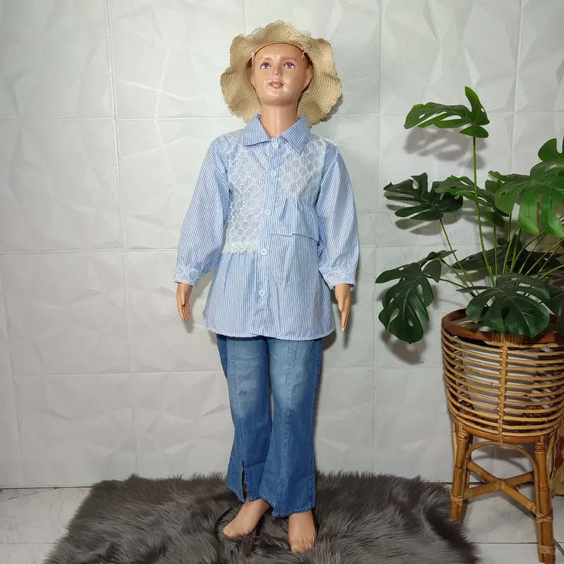 Setelan Anak Perempuan 4-12 Tahun, Baju Kemeja Salur dan Celana Jeans Cutbray - Fashion 5