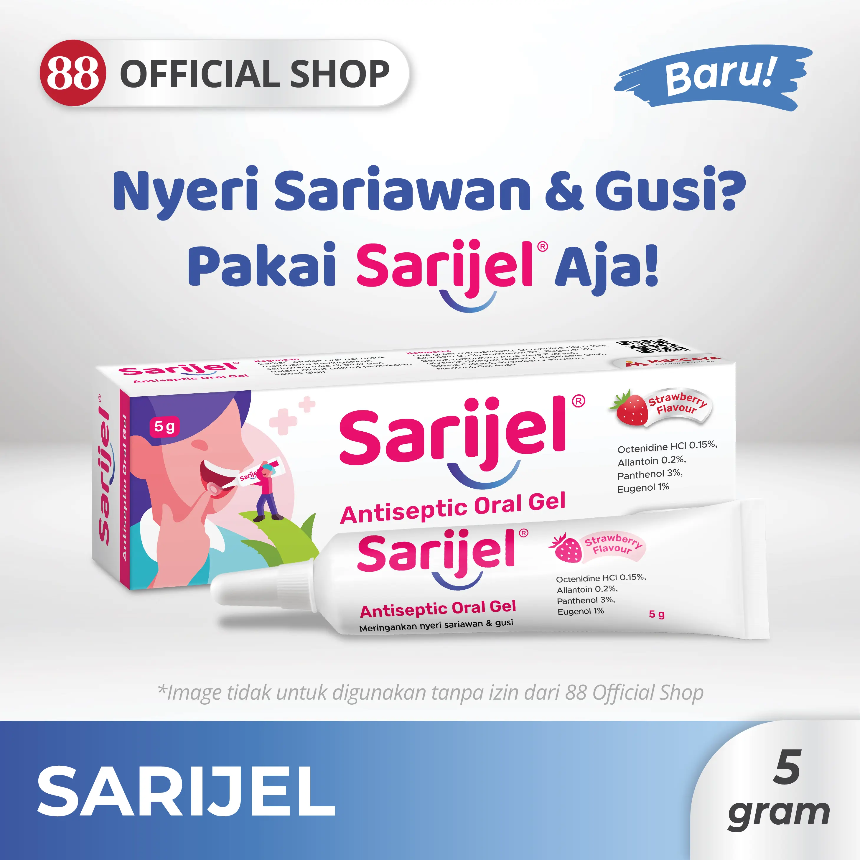 SARIJEL 5 gr | Oral Gel Untuk Nyeri Sariawan & Gusi, Luka Bibir & Dalam Mulut, Strawberry Flavour | MECCAYA