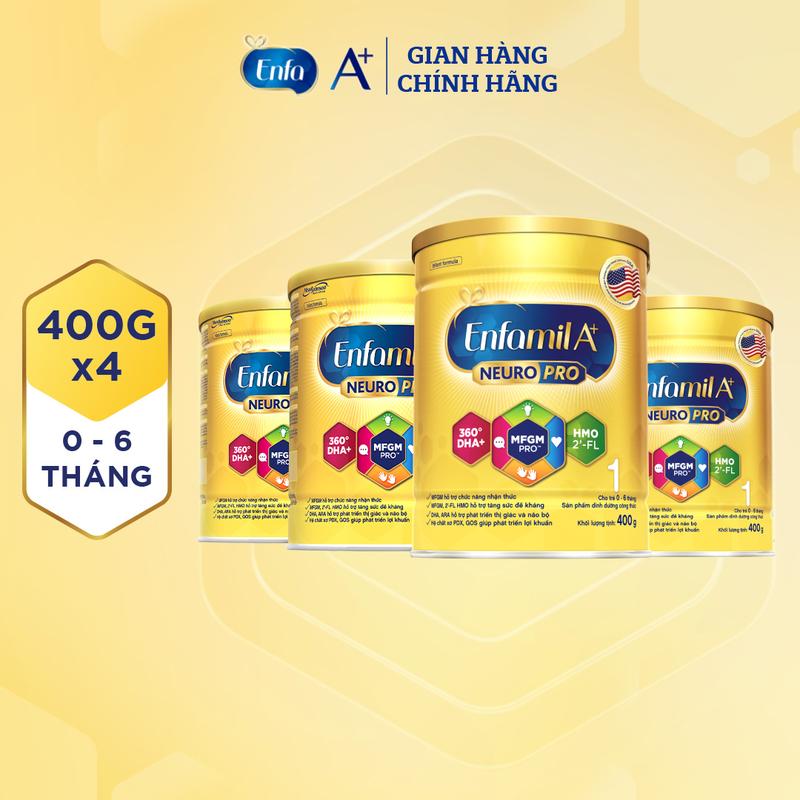 Bộ 4 lon sữa Bột Enfamil A+ Neuropro 1 với DHA giúp phát triển não bộ cho trẻ từ 0 – 6 tháng tuổi – 400g/lon