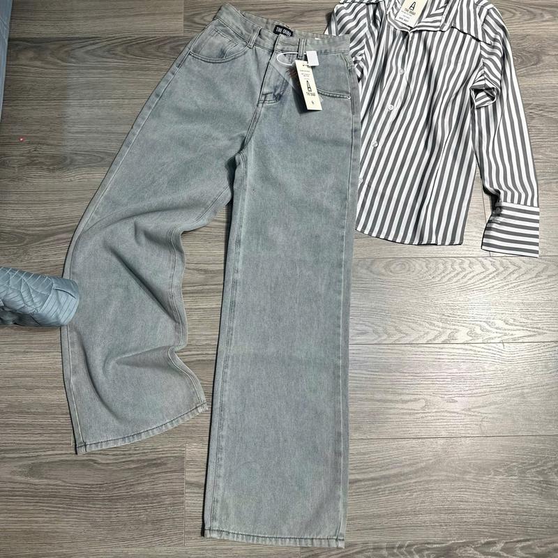 THE QUAO - Quần Jean Nữ Lưng Cao Ống Rộng 27CM Túi Kiểu Màu Xanh Bạc Phủ Bụi Vàng S1204_631