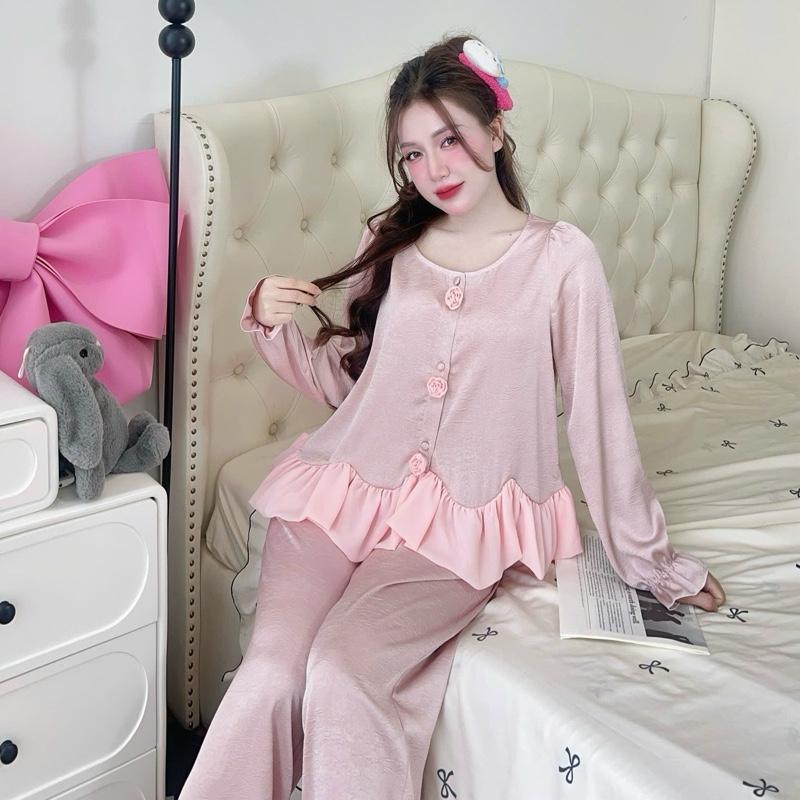  Đồ Ngủ Tiểu Thư Chất Gấm Tay Dài Phối Bèo  Freesize 40-58kg  