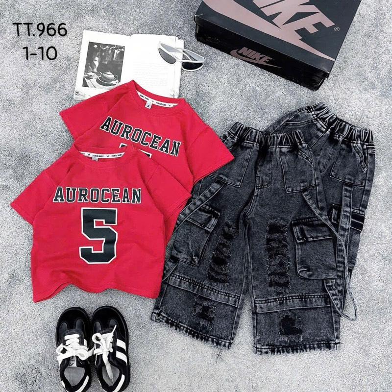 <ST> Set áo cotton đỏ số 5 mix quần jean túi hộp 6