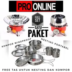 Camelwill Cooking Set 8 Pcs Stainless Steel & Kompor Windproof K-203 Portable untuk Camping Hiking dan Masak di Kosan