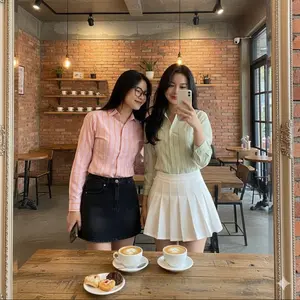 Wispie Girl Boss Fitted Shirt Kemeja Kerja Wanita Fit Garis Stripe Karet Lembut Warna Pink Hijau Biru Krem Nyaman Panjang Unik Motif Muda Size M L XL XXL