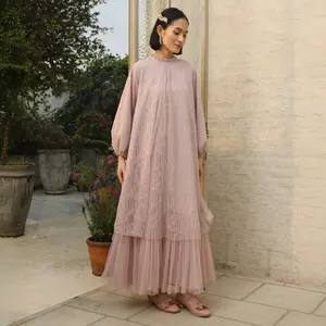 Earthly Allure HijabChic Syahira Pink Nude Dress - Dress Lebaran Brukat Kombinasi Tulle Elegan Lembut Best Seller Gamis Wanita Pesta Gaun Mewah Muslim dengan Manset Elastis