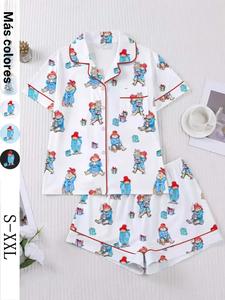 Conjunto de ropa de dormir para mujer con estampado de oso de muñeca lindo, top de cárdigan de manga corta con solapa y shorts sueltos con elástico, ropa casual para el hogar para todas las estaciones