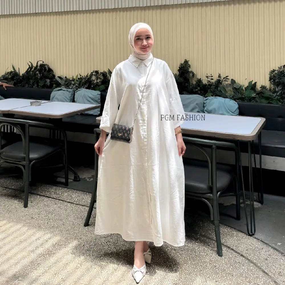 Nasha Long Tunik Outer Atasan Wanita Polos Muslim Casual Kerah Kemeja Full Kancing Aktif Lengan 3/4 LD 120cm Linen Rami