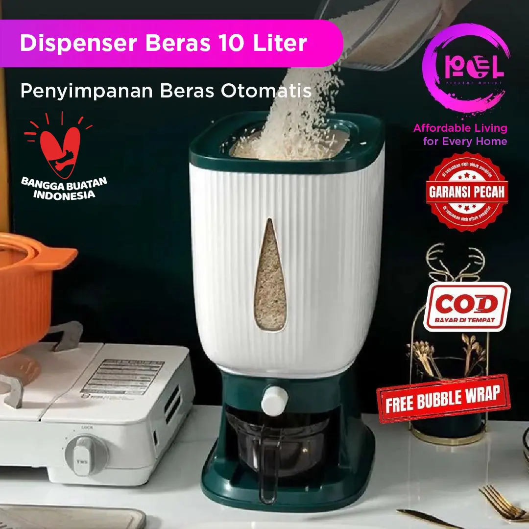 [POL] COD Dispenser Beras Modern 10L | Tempat Penyimpanan Beras Dengan Wadah Pengering | Rice Box Food Grade |  Dispenser Biru Hijau Merah