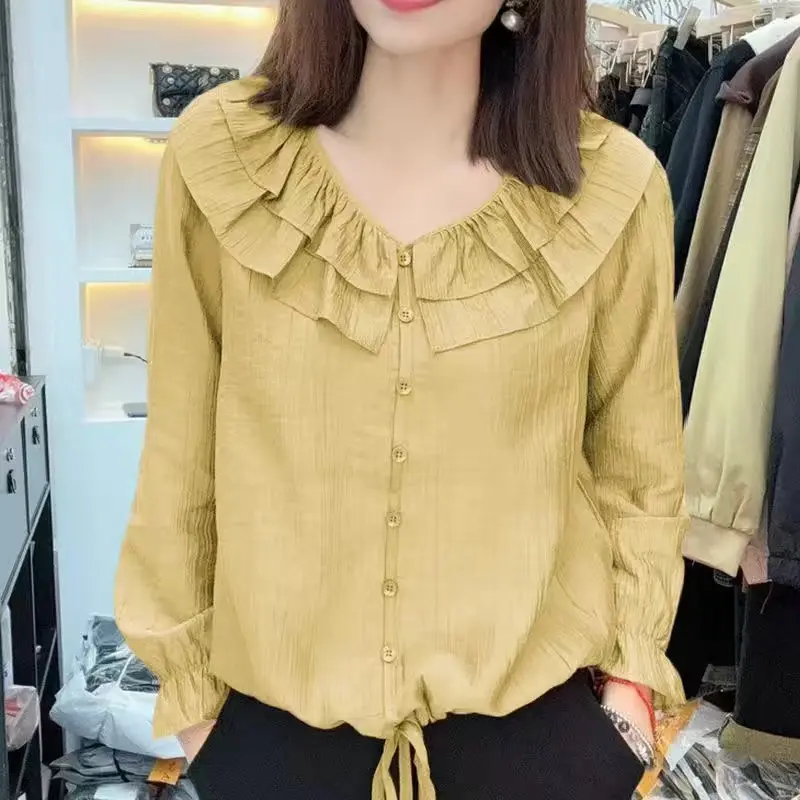 LELAND Blus kerah renda baru / kemeja kerah kasual warna solid wanita / blus lengan berkobar wanita