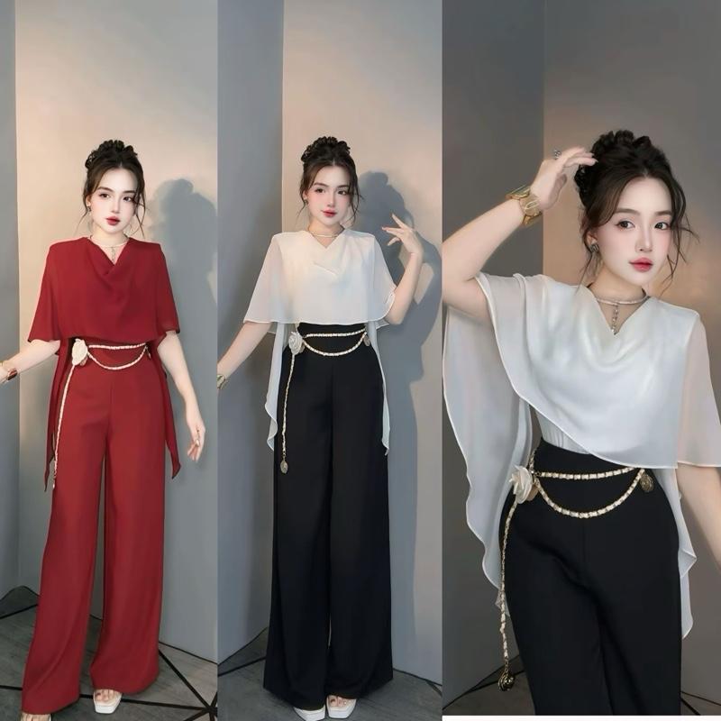  Bộ áo cổ đổ phối voan + quần suông  không kèm thắt lưng . Thiết kế Ngọc Dung Store dành cho nữ 