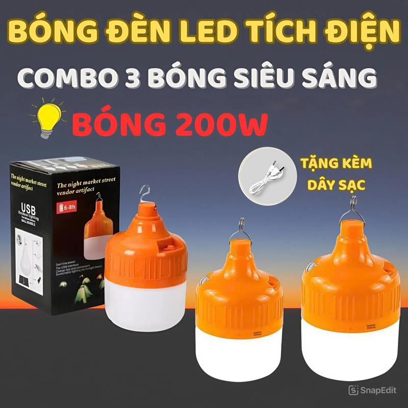 COMBO 3 BÓNG ĐÈN - 200W Bóng Đèn Tích Điện Siêu Sáng 200W - Bóng Đèn Led Tích Điện Siêu Sáng Chống Nước Có Chân Sạc USB Tiết Kiệm Điện Năng An Toàn Phù Hợp Mọi Gia Đình Bảo Hành 1 Năm