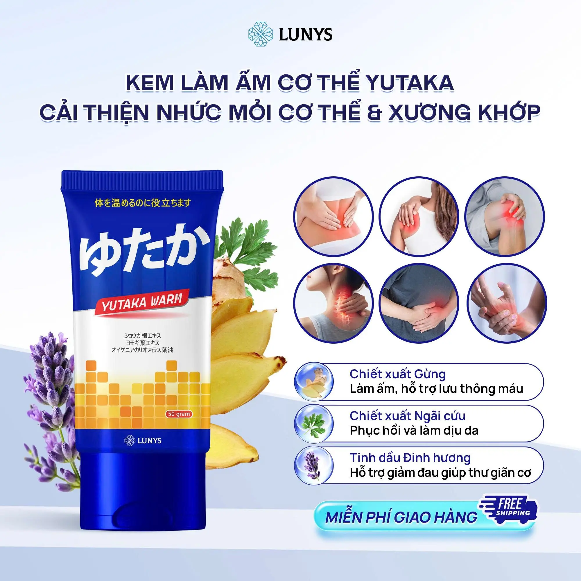 Kem Làm Ấm Cơ Thể YuTaKa , Cải Thiện Nhức Mỏi Cơ Thể & Xương Khớp - Chiết Xuất Gừng, Ngãi Cứu, Dầu Đinh Hương - 50gram