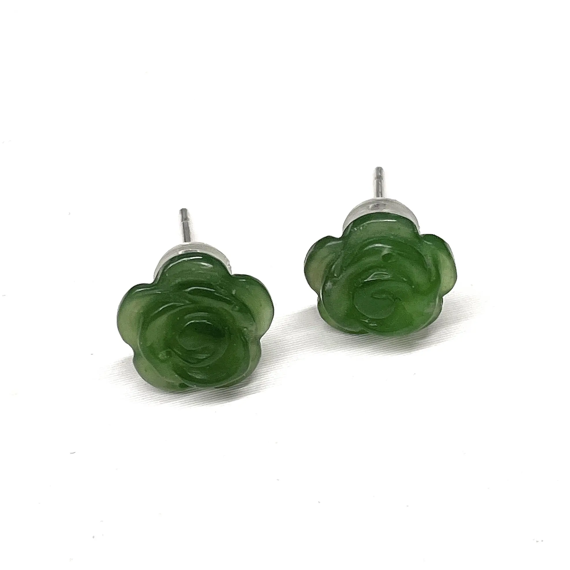 Dark Green Hetian Jade Camellia Flower 10*10mm Jade Stone S925 Silver Earrings