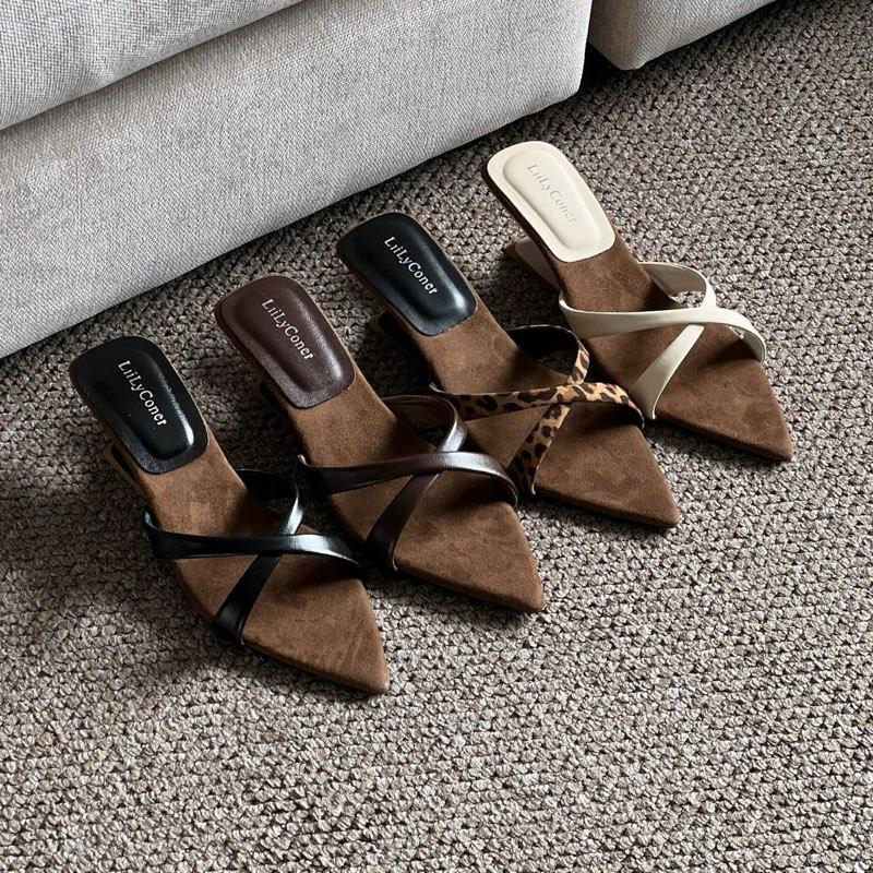   CHÂN GẦY LÙI SIZE - Dép Xuồng Gót 5cm Kiểu Quai Bản Chéo Có đệm Mút Da Mềm Phối đế nâu nỉ Phong cách tây sang chảnh DH - 0025 