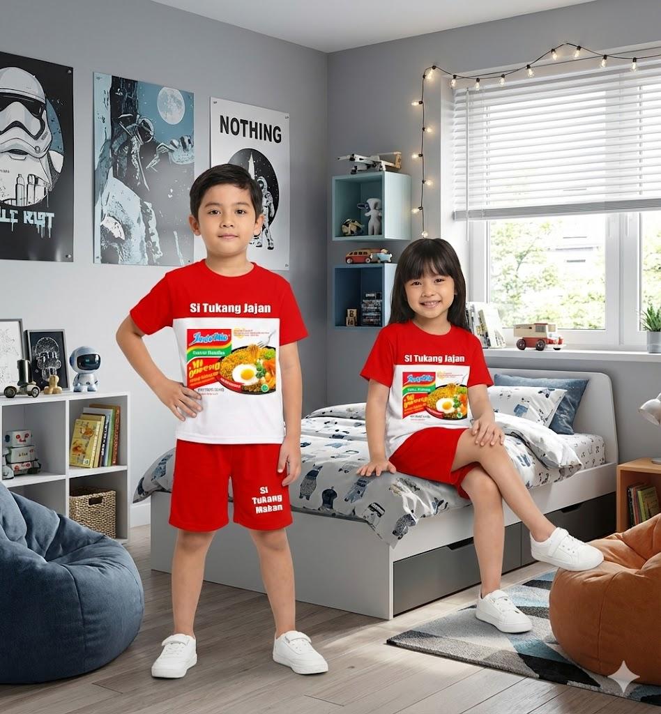 Setelan Anak Harian Viral Terbaru Limited Edition Motif Makanan Mie goreng dan gambar Minuman untuk Usia 1-10 Tahun Desain Unik Nyaman dan Senang Dipakai