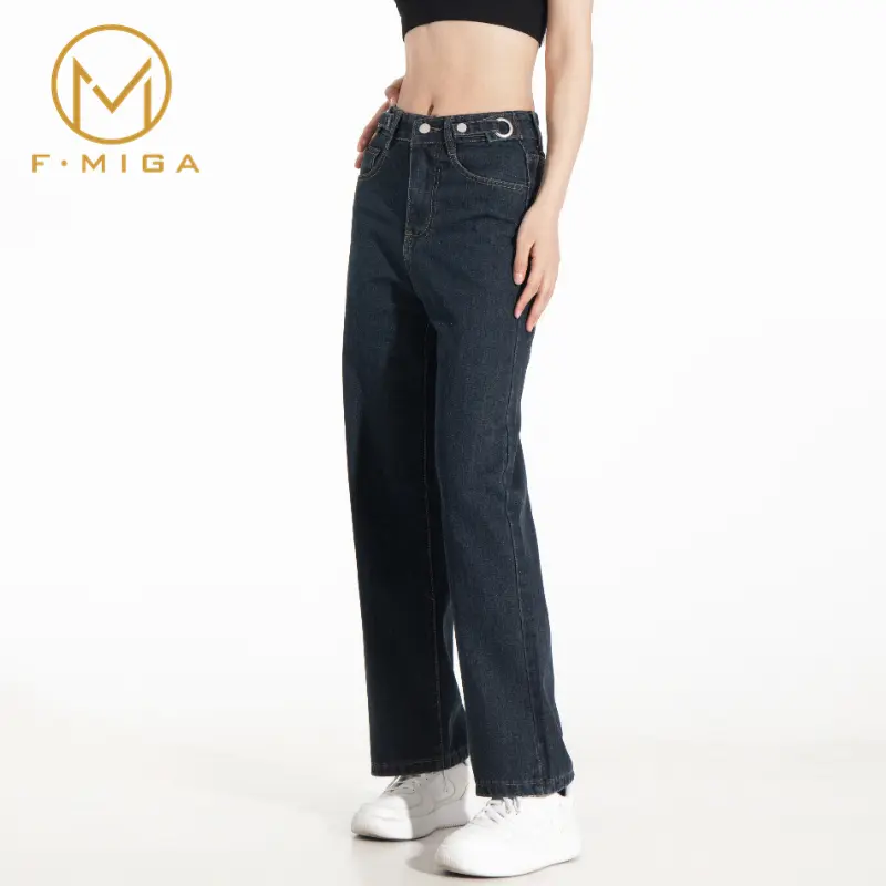 F·MIGA C42 High Waist Korean Style Kulot Bagy Jeans Straight Kasual Pants Celana Panjang Loose Celana Jeans Wanita - Abu-abu Biru 3