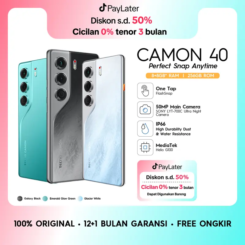 [FlashSnap] TECNO CAMON 40 - 8+8GB*/256GB, 50MP Sony + 8MP Ultra Wide Camera, 32MP Front Camera, 120Hz AMOLED, IP66, 5200mAh+45W, Garansi 12+1 Bulan 0