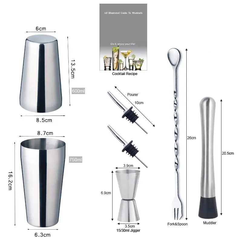 Bộ Bình Lắc Cocktail, 7 Món, Bình Lắc Boston Bar Bartender Kit, Bình Lắc 750 / 600ml, Có Công Thức 3