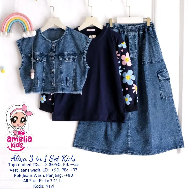 Aliya 3 in 1 Kids Baju Anak Amelia Kids Baju Anak Usia 7-12 Tahun Setelan Rok Jeans Anak Model Terbaru BAJU ANAK VIRAL BAJU ANAK KEKINIAN AMELIA KIDS 4