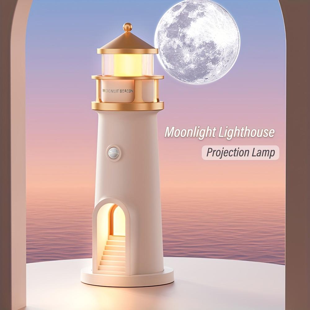 Month Moonlight Lighthouse Projector Lamp, Night Light with Motion Sensor, Smart Bedside Lamp for Bedroom, LED Moonlight Projection Ambient Light, Ceiling Wall Decorative Lamp, Removable Base for Bedroom, Holiday Gift