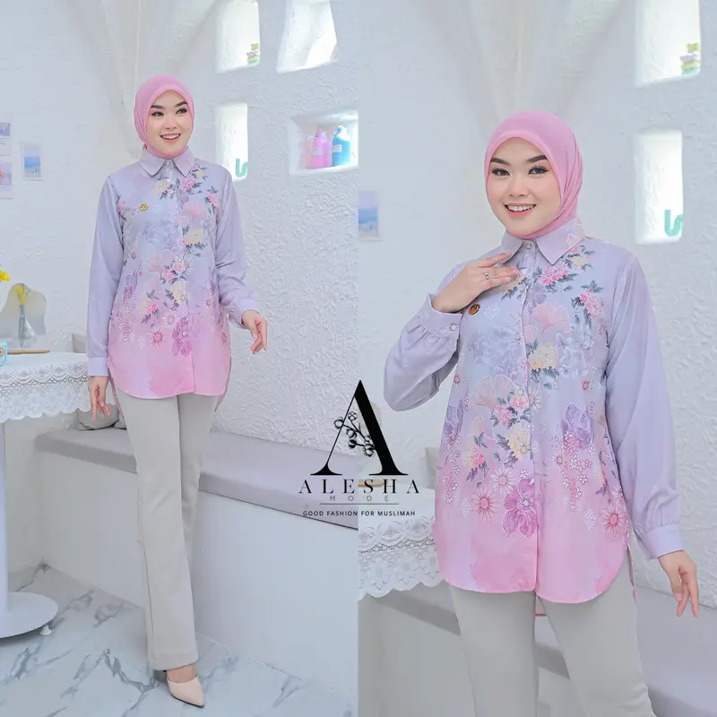 Blouse Tunik Silk Silky Premium Motif Etnik Monogram by Alesha Mode - RANISYA - Lembut, Muslim, Busui 0