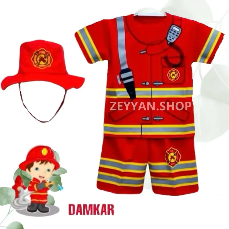 BAJU PEMADAM ANAK SETELAN DAMKAR ANAK LAKI LAKI ADA TOPI UNTUK UMUR 1-10 TAHUN Katun Unisex Anak-Anak Laki-Laki Perempuan Parsel Bayi 0