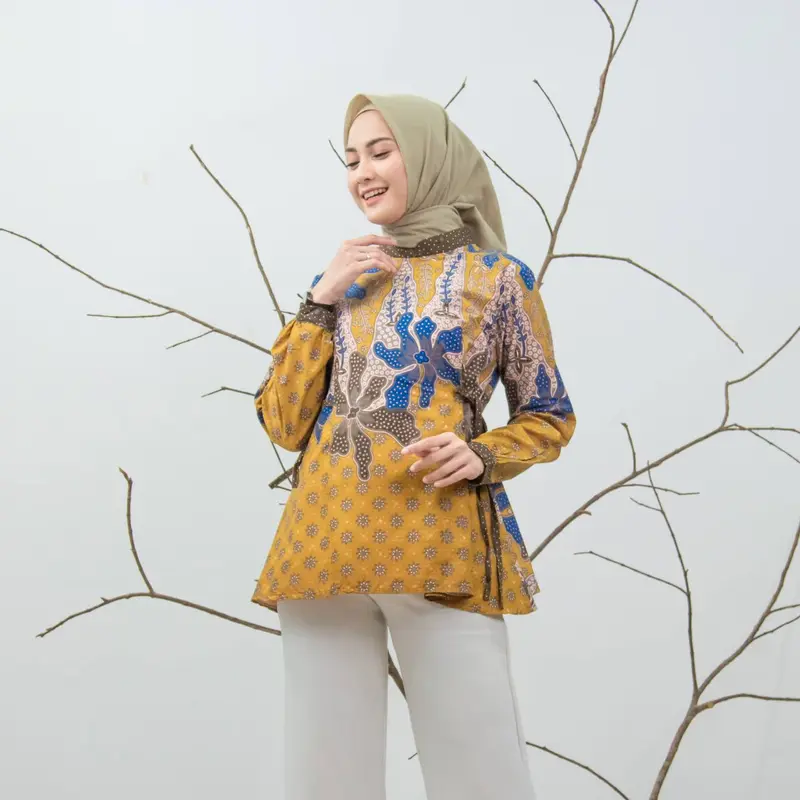 Baju Batik Wanita Lengan Panjang Motif Amanda Modern Monalisa Genes Blouse Bahan Katun Basic Asli Pekalongan 2