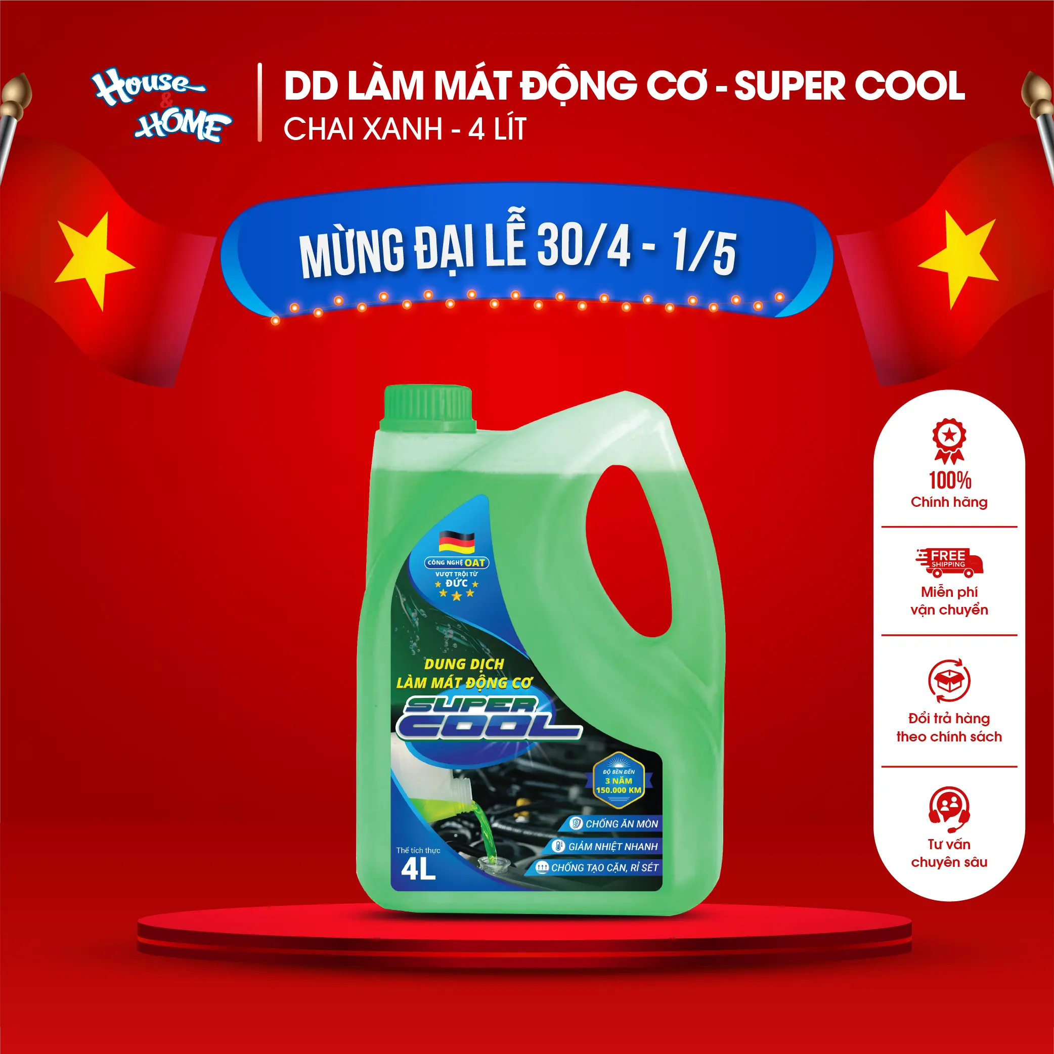 Nước làm mát động cơ ô tô Super Cool màu xanh dung tích 4L Giải pháp tối ưu cho xe của bạn