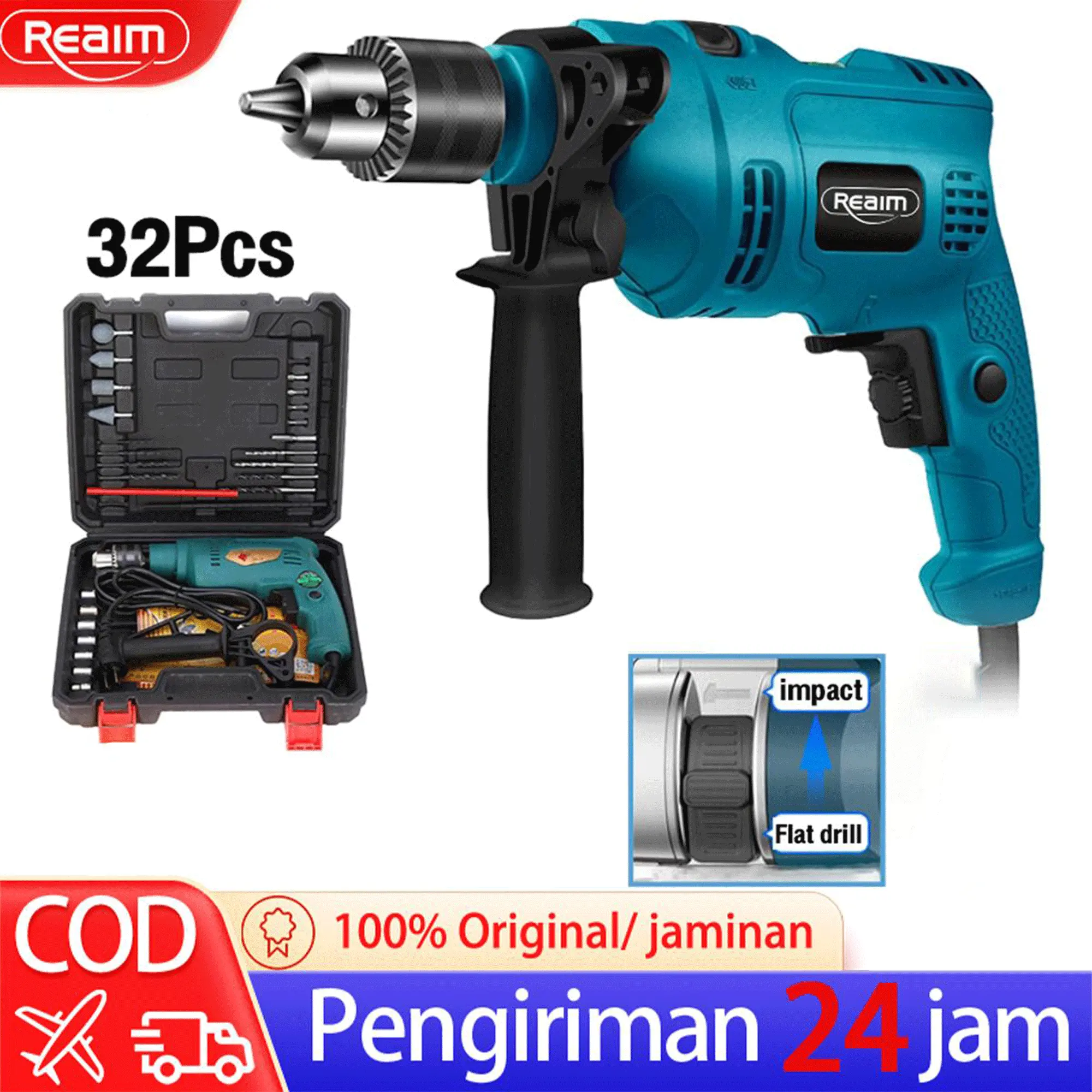 Reaim Mesin Bor Listrik 13mm Bolak Balik Electric Drill Bor Beton Kayu Besi Tembok Bor Listrik  Impact Drill Listrik impact bisa 3500rpm tembok beton bolak variable speed Impact drill Supplier Warranty Tanpa Garansi keramik 3 tahun bor listrik full set